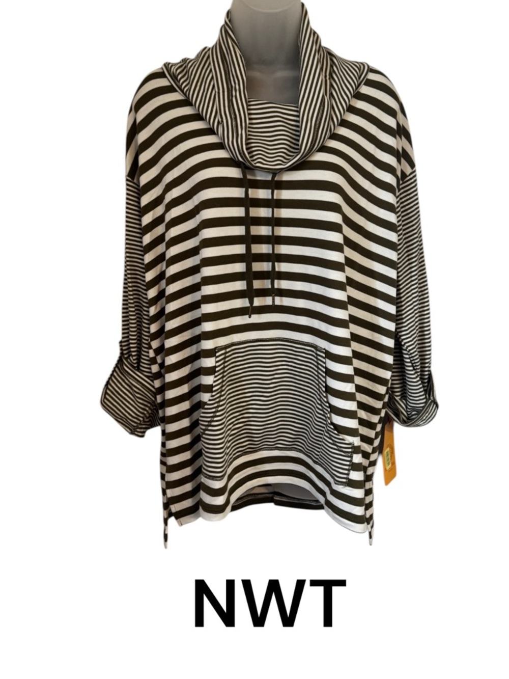 NWT Ruby Rd. OLIVE/CREAM Striped Cowl Neck Top XLARGE #C